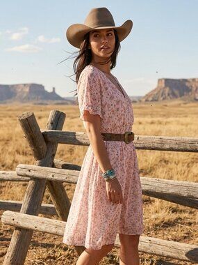 Davi & Dani Pink‎ Floral Flutter Sleeve Empire Waist Mini Dress